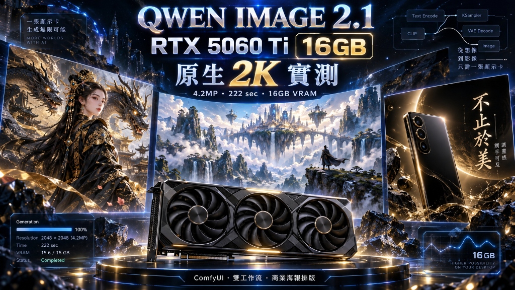 [AIGC 實戰] RTX 5060 Ti 16GB 本地運行 Qwen Image 2.1：原生 2K 算圖、ComfyUI 雙工作流與商業海報排版實測